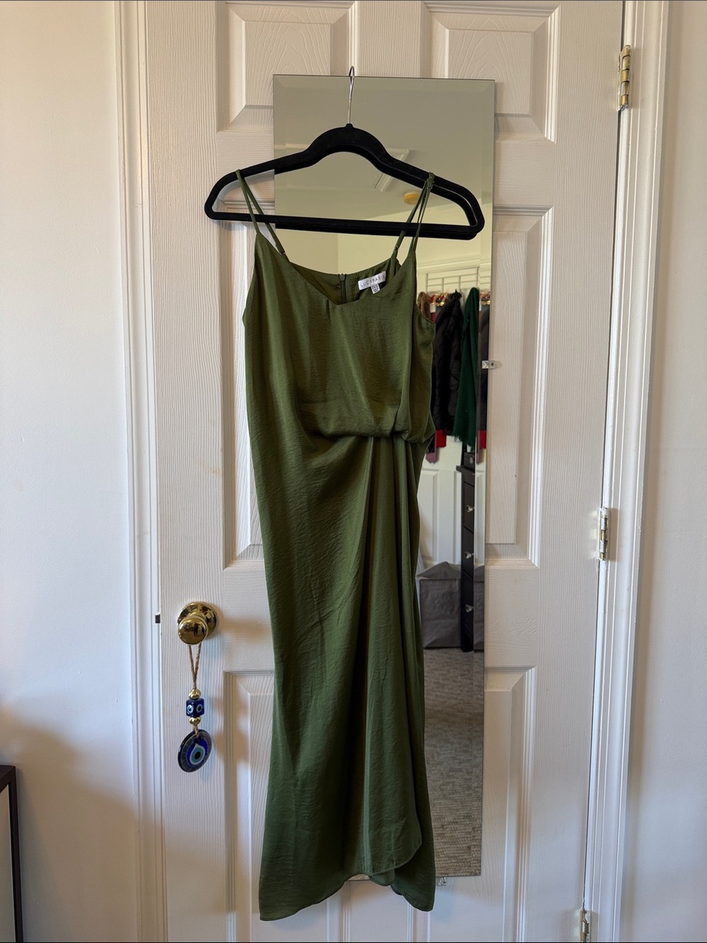 Lucy Paris Olive Green Slip Maxi Dress with Draped Detail